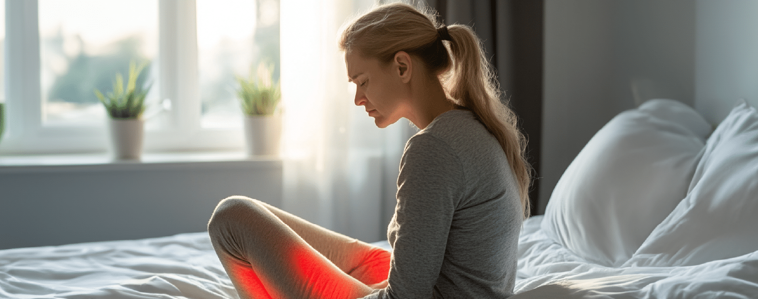 Kvinne på soverom med PMS-symptomer