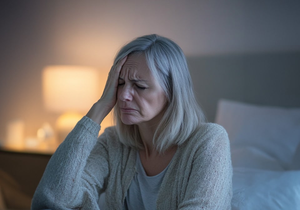 Kvinna i övergångsåldern på sängkanten