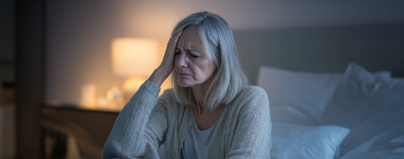 Dame i overgangsalderen på sengekanten