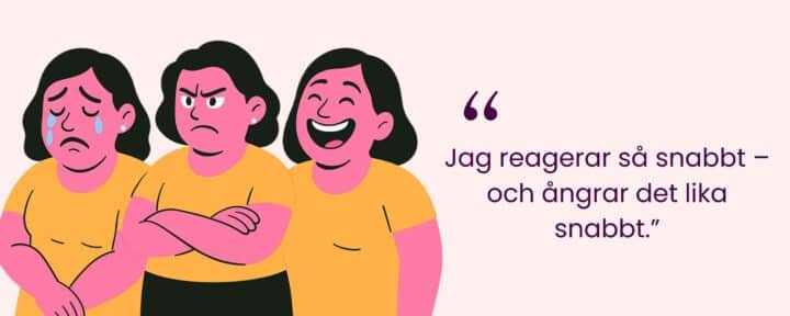 Illustration av kvinna som upplever humörsvängningar under klimakteriet – ledsen, arg och glad – med citatet "Jag reagerar så snabbt och ångrar det lika snabbt".